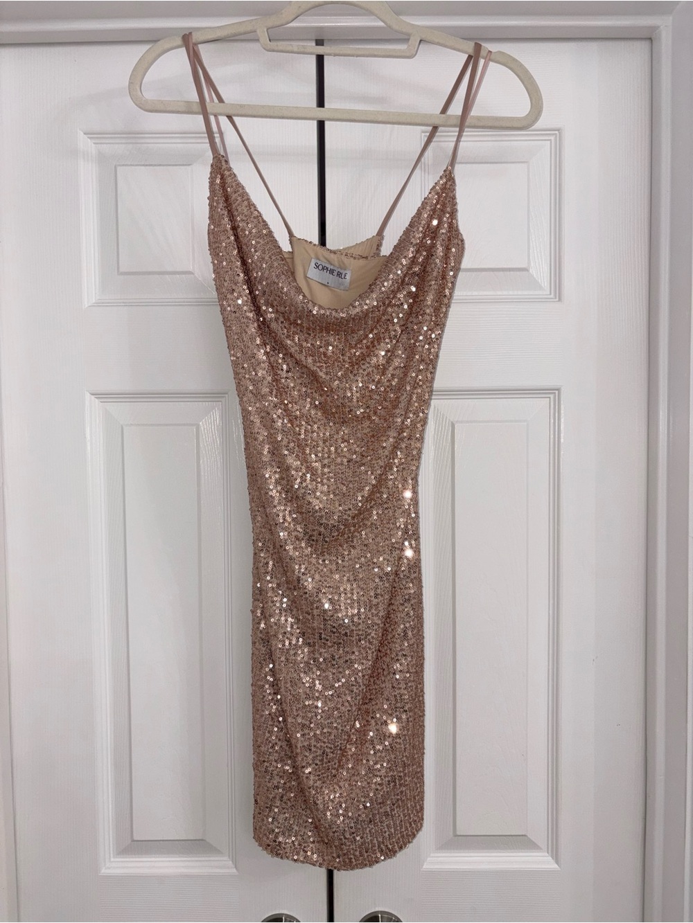 Sophie Rue Rose Gold Sequin Cowl Slip Mini Dress